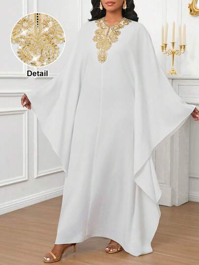 SHEIN Lady Spring Summer Modest Dress Abaya Dress White Elegant Casual Vacation Gold Sequin Design Neck Flower Vacation Outfits Woman White Dresses For Women Summer Dresses For Women Wedding Wedding Guest Dress Women Summer Dress Women Long Dresses Easter Dress Women Graduation Dress Wedding Guest Dress Women Wedding Guest Dress Women Business Casual Woman Vacation Boho Cruise Outfits Women,Formal Dresses For Women
