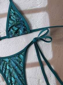 Swim Vcay Set de bikini de 2 piezas con top de bralette de halter y Bottom de tanga con lazos laterales, estampado floral aleatorio y textura - Traje de baño sexy