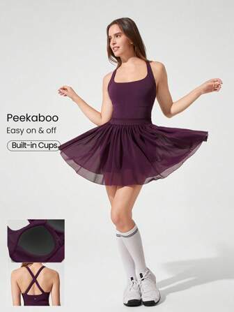 GLOWMODE FeatherFit™-Air Winning Streak Schnell-Trocknende Peekaboo Criss-Cross Träger Peekaboo eingebaute Cups Ballettkleid mit plissiertem Mesh und rutschfesten Griffen für geringen Aufprall Tennis Golf Pickleball Alltagstragen