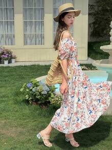 DAZY 少女花卉印花露肩荷叶边休闲迷你连衣裙，女孩夏季服装，返校服装 - 粉色 - 查看 7