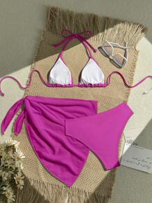 Swim Vcay 3pcs Beach Holiday Random Print Bikini Swimsuit Set For Summer Beach Vacation - Hot Pink - View 2