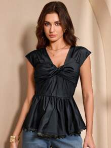 SHEIN Unity 女士优雅扭结蕾丝边衬衫 - 黑色 - 查看 1