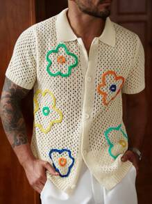 Manfinity CityGents Men's Casual Colorful Floral Embellished Knit Sweater, Summer Pride 2025 Swim Brief Crochet Men Shirt Crochet Shirt Men Men Crochet Shirts Men Crochet Shirt