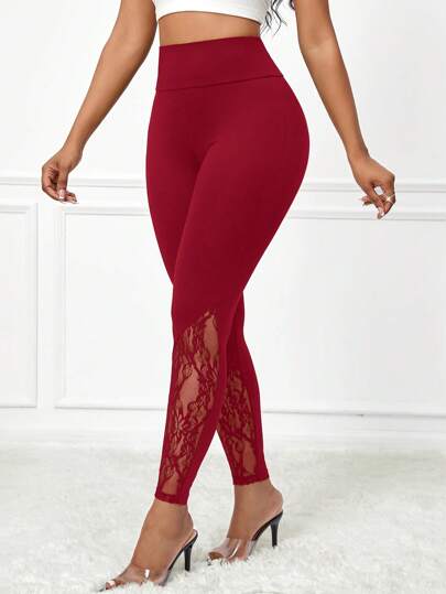 SHEIN Lady Leggings ajustados de cintura alta con contraste de encaje en unicolor elegante y casual para mujer