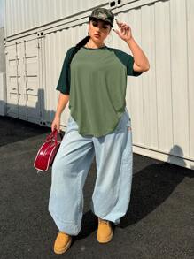 Muchica Plus Size Summer Basic Casual Raglan Sleeve Color Block Loose T-Shirt Green - Dark Green - View 4