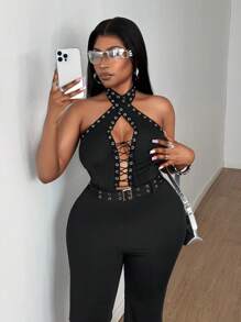 Maweii 大码女式镂空交叉设计露背性感针织连体裤