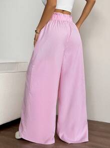 Chiquease 女士撞色竖条纹纸袋腰阔腿休闲裤 - 紅白色 - 查看 2