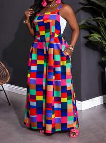 SHEIN CURVE+ 大码女式格子印花系带阔腿连体裤，休闲、甜美、外出、日常、浪漫女士沙滩装/沙滩裙/沙滩度假装/沙滩必备品/毕业/茶会礼服夏季/乡村/沙滩度假装/沙滩装/沙滩装