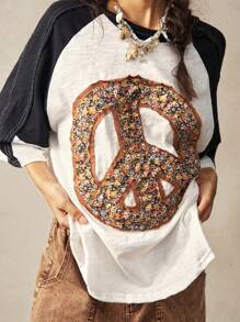 Bohemela Maglietta casual oversize taglie comode, maglia a blocchi di colore con scollo tondo e maniche a raglan