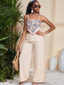 SHEIN Leap Crew Conjunto de top de camisola con estampado de colocación tejido para adolescentes, pantalones de corte holgado y acampanado, vestido mini de verano con lunares y mangas abullonadas en color albaricoque, vestido de línea A con abertura lateral, vestidos de verano en tonos pastel - Albaricoque - Ver 8