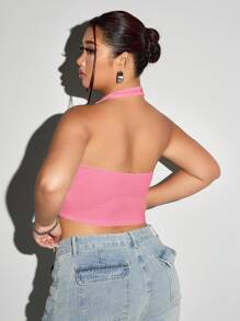 SHEIN ICON Plus Size Slim Fit Deep Halter Neck Beaded Decor Halter Tank Top For Summer - Pink - View 2