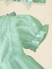 SHEIN Neugeborenen Baby Mädchen einfarbiges Spitze Patchwork Tüllkleid - Grün - Übersicht 5