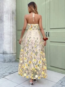 Breezaya 优雅杏色露背系腰A字花朵刺绣连衣裙 - 黃色 - 查看 2