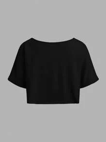 SHEIN EZwear 2pcs/Set Women's Loose Knitted One-Shoulder T-Shirt - Black and White - View 6