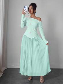 Modelyn 2 件套女士春夏斜肩串珠花卉上衣和褶皱雪纺中裙套装 - 薄荷綠 - 查看 3