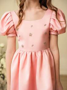 SHEIN Robe de fête mi-longue élégante et luxueuse aux manches bouffantes roses, convient pour les fêtes, les mariages, les vacances, les anniversaires et plus encore - Rose bonbon - Voir 4
