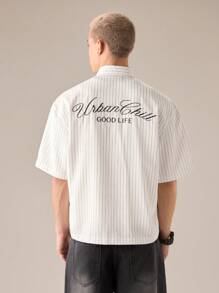 SWAVVY Men's Casual Loose Short Sleeve Stripe Woven Shirt, Fashionable Daily Wear For Young Guys, School - White - View 1