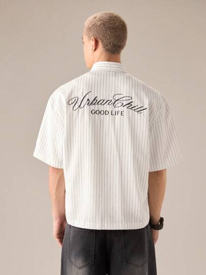 SWAVVY 男士休闲宽松短袖条纹梭织衬衫，适合年轻人、学校的时尚日常穿着