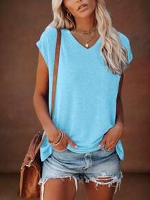 EMERY ROSE Women's Solid V-Neck Batwing Sleeve Casual T-Shirt, Summer - Baby Blue - View 4