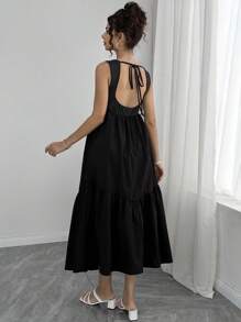Momance Vestido de maternidad de unicolor, de tiras con espalda abierta, con dobladillo asimétrico largo sin mangas - Negro - Ver 1
