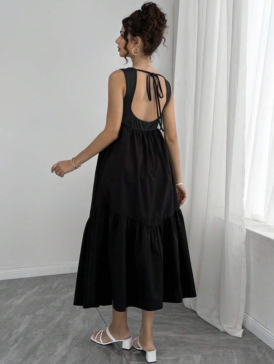 Momance Vestido de maternidad de unicolor, de tiras con espalda abierta, con dobladillo asimétrico largo sin mangas - Negro - Ver 1
