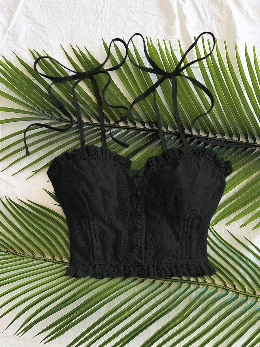 Soleia White Floral Textured Ruffle Trim Women's Camisole Tank Top For Vacation Black Eyelet Top Black Tie Strap Top Black Summer Top Black Crop Top Black Ruffled Top