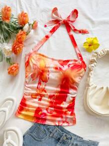 Soleia 女士度假针织浪漫橙色芙蓉印花露背褶饰腰部修身时尚背心，适合派对、约会、情人节、下午茶、复活节、狂欢节、海滩巡游度假村 - 彩色 - 查看 8