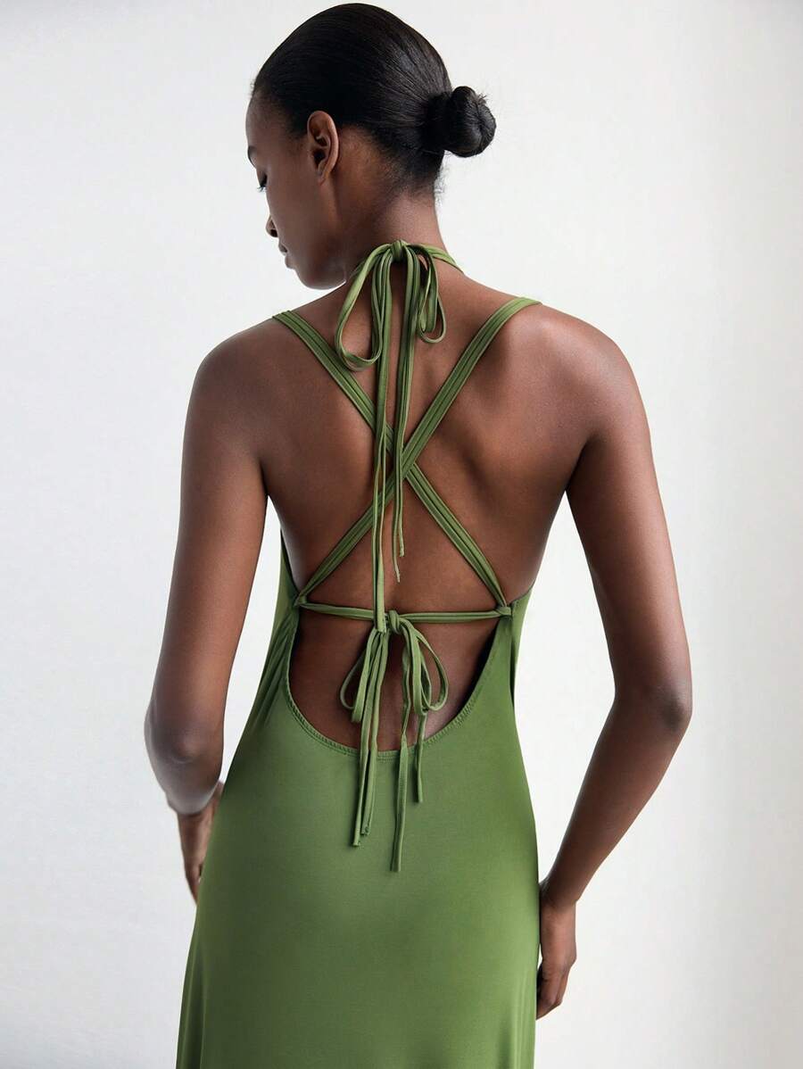 Maija Vestido de verano verde con espalda abierta para mujer, vestido maxi elegante y sencillo con tirantes cruzados, cola de gallo sin espalda, elegante, para fiesta, graduación profesional de damas y verano casual, Formal Vestido para fiestas/danza, outfit de cumpleaños