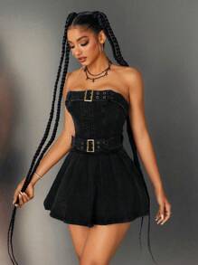 SHEIN ICON Overol de peto y monos de mezclilla de unicolor minimalista para mujer - Negro - Ver 5