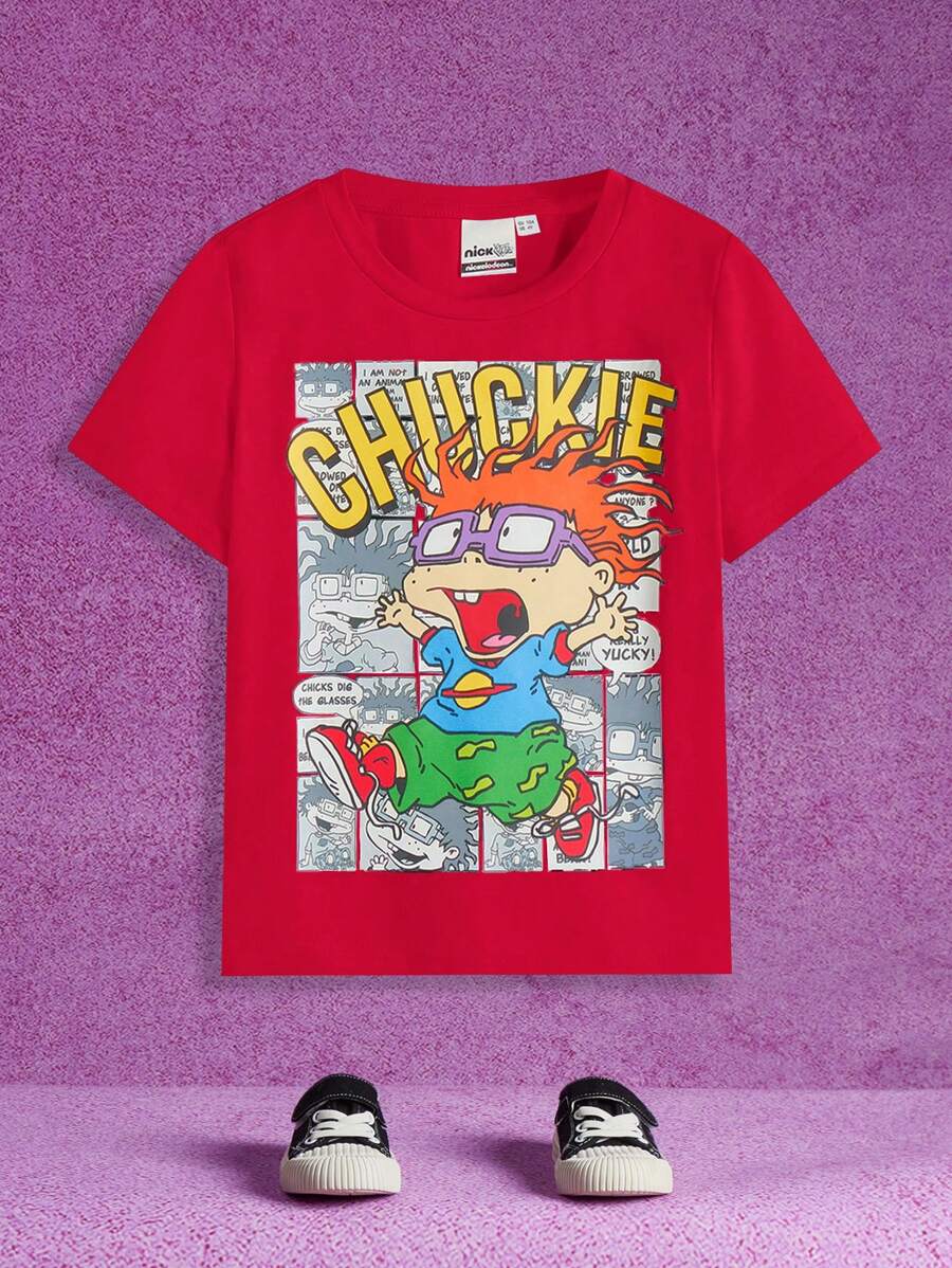 Nick 90s | SHEIN Young Boy Cartoon & Letter Graphic Round Neck Short Sleeve T-Shirt - Red - View 1