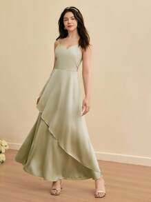 SHEIN 青少年女孩荷叶边 V 领分层细肩带派对礼服，伴娘婚礼正式服装