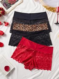 3 sztuki/zestaw Plus Size Women Lace Patchwork Underwear, Proste romantyczne majtki w stylu francuskim