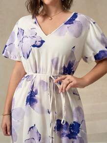 Chikora Plus Size Women's V-Neck White Summer Elegant Flowy Puff Sleeve Dress,Tea Party Cocktail Fairycore Modest Formal Gowns Evening Concert Outfits - Multicolor - View 2