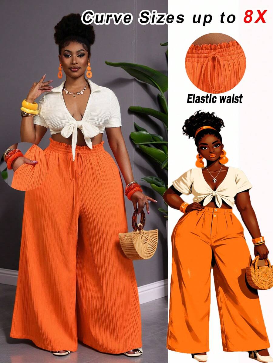 SHEIN CURVE+ Pantalones anchos de cintura alta con textura naranja para mujer talla grande, pantalones bohemios de playa, curvas plus, boho vacaciones, pantalones de verano, campo, vacaciones en la playa, ropa de playa - Naranja - Ver 1