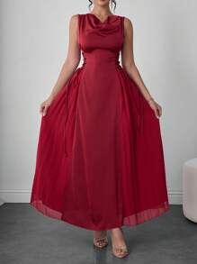 Modelyn Sleeveless Women's Dress With Draped Neck, Side Pleats And Drawstring, Spring/Summer
