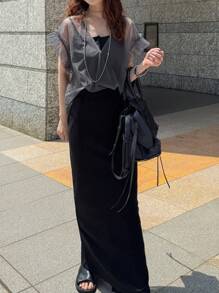 FRIFUL 女式网眼荷叶边宽松重叠休闲夏季上衣，女性沙滩度假装