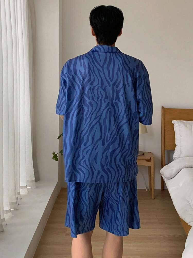 Summer Letter & Floral Print Blue Shirt And Men's Loungewear Set Pajama