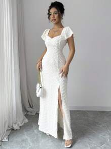 Rafferiza Solid Color Backless Bowknot With Lotus Sleeve High Slit Elegant Summer Vacation Date Long Dress - Apricot - View 5