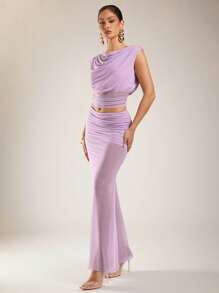 Silquee Women's Elegant Summer Pink And Purple See-Through Skirt With A Drop Neck And Off-Shoulder Top With Asymmetric Design, Pleated Two Pieces Suit, Suitable For Seaside Vacation And Graduation