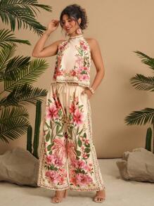 Travachic 2 Stücke/Set Große Größen Blumenmuster Sommer Stehkragen Ärmellose Spitzenbesatz Bluse Und Hose Set Damen Sommerkleidung Damen Sommer Sets Damen S Sommerkleidung Damen S Kleidung Damen Kurze Kleider Sommer