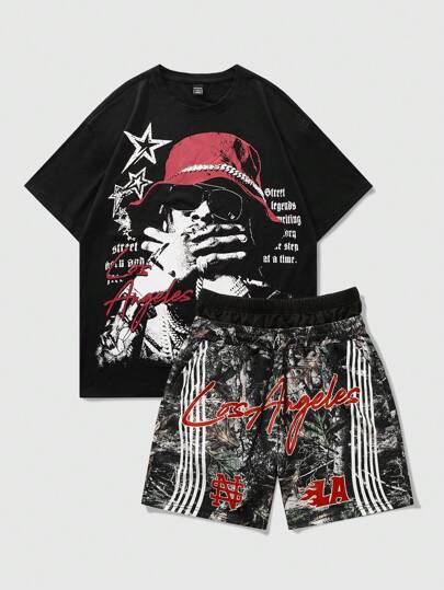 Street Life مجموعة من قميص برسم هندسي وشورت بخصر رباط للرجال بأسلوب هيب هوب كاجوال، مناسبة للارتداء اليومي في الربيع/الصيف