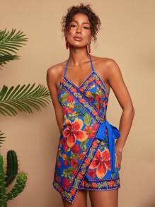 Travachic Women's Blue Floral Halter Neck Sleeveless Criss-Cross Wrap Jumpsuit,Summer Boho Vacation Holiday Beachwear,Woven Printed Spring Break Concert Outfit - Navy Blue - View 3