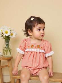Baby Girl Cute Plaid Floral Embroidery Bodysuit, Spring/Summer - Orange - View 3