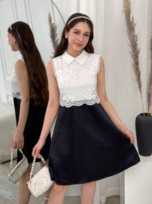 Teenage Girl Contrast Lace Contrast Color Sleeveless Fashion Dress - Black - View 5