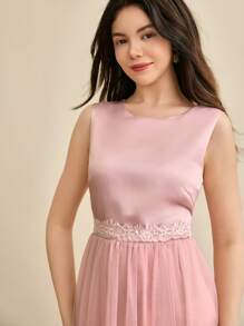 SHEIN 青少年女孩夸张蝴蝶结装饰细肩带薄纱连衣裙，适合圣诞节、万圣节、感恩节、婚礼、派对、舞会、伴娘 - 玫紅色 - 查看 6