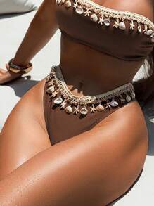 Swim Chiccia Springbreak Women's Two Pieces Swimsuit Set With Halter Top, Hollow Back, Criss-Cross Straps, Shell Prints, Rib Texture For Summer Beach Vacation - Coffee Brown - View 6