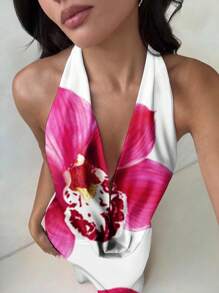 Aloruh 女士优雅兰花印花低胸连衣裙，适合夏季、海滩、节日、派对