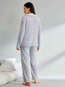 2pcs Maternity Contrast Color Ruffle Collar Cardigan And Pants Loungewear Set - Light Grey - View 2