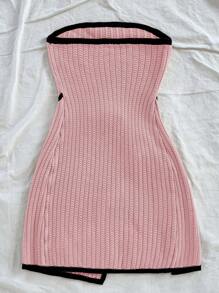 Soleia Casual Comfortable Contrast Color Lace-Up Fitted Sweater Dress - Pink - View 2