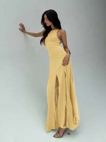 Aloruh Elegant Solid Color Mesh Patchwork Yellow Sleeveless Dress Butter Yellow Dress - Yellow - View 4